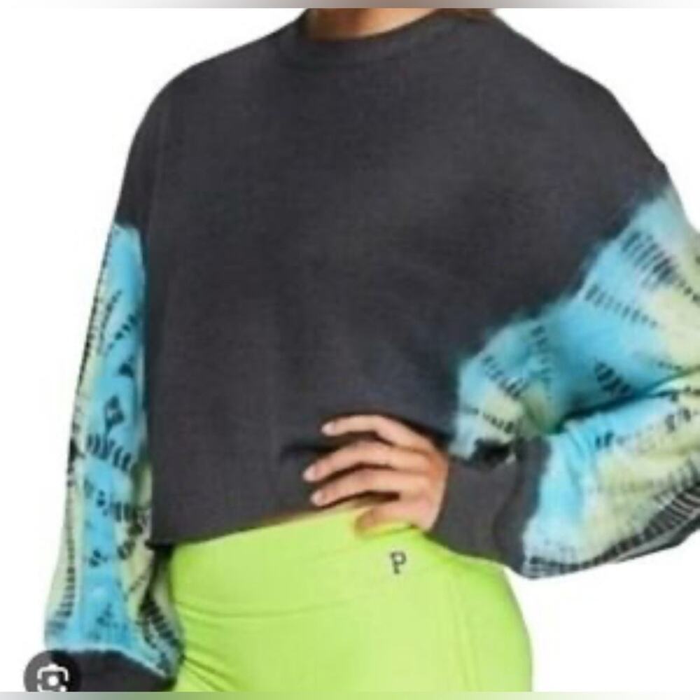 UEC VICTORIA’S SECRET PINK, OVERSIZED GREY TIE DYED SLEEVE CROP SWEATSHIRT SZ M